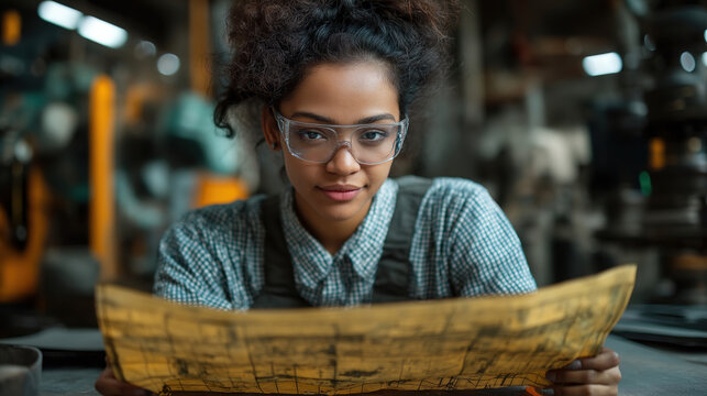Young woman studying engineering plans in a workshop filled with machinery and tools during the daytime. Generative AI