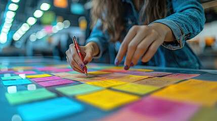 Obraz premium Creative brainstorming session using colorful sticky notes in a collaborative workspace during daytime. Generative AI