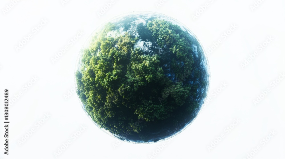 Aufkleber a high-quality 3d render of a spherical planet featuring dense green forest and patches of white clo