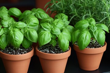 Fototapeta premium Close up of lush herb plants on a dark windowsill a cozy kitchen gardening scene