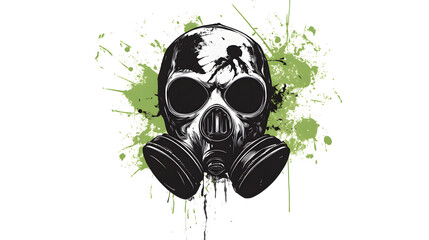Logo, green gas mask with skull face and white background, graffiti style
