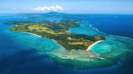 Naklejka premium Aerial view of Nosy Be island, Madagascar, featuring crystal-clear turquoise waters, lush green coastline