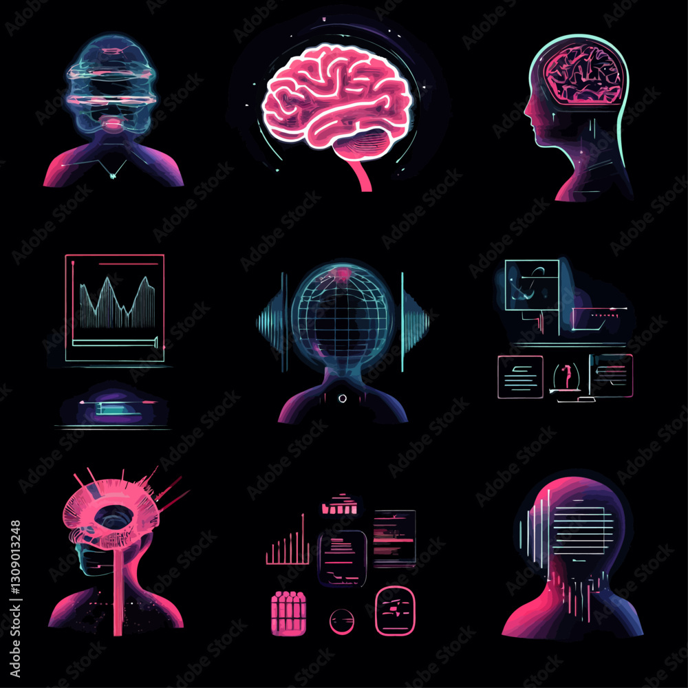 Poster futuristic brain tech: brain illustration with graphs and data visualization