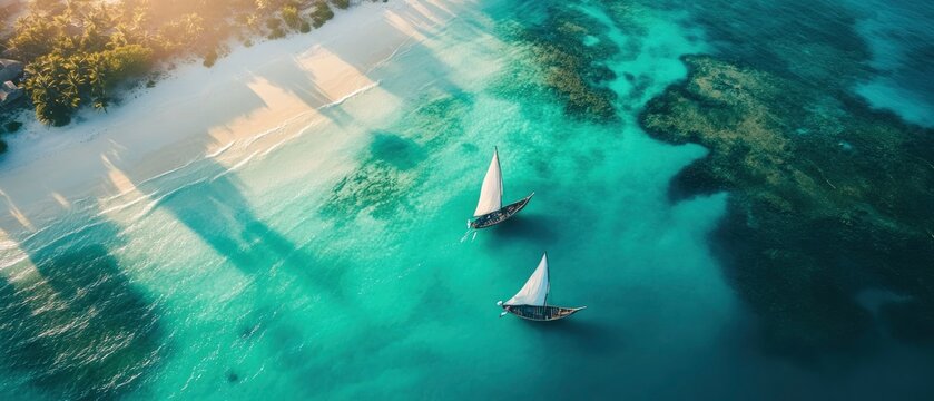 An aerial view of Zanzibar pristine Nungwi Beach, where the crystal-clear turquoise waters meet soft white sand