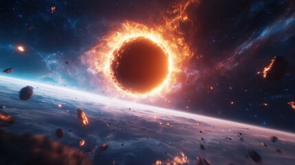 Fiery cosmic ring, celestial event, space rocks, burning sun, fiery nebula, planet, atmosphere, 