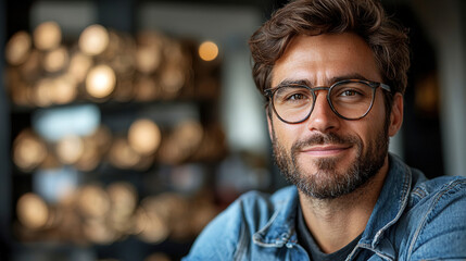 Smiling man with glasses sitting in a cozy cafe during the day, enjoying a moment of relaxation and connection. Generative AI