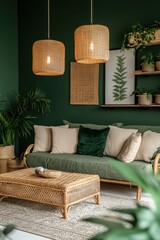 Modern, cozy living room with green walls, wicker furniture, and pendant lights.