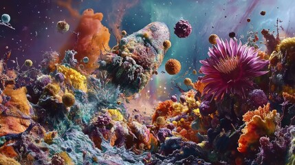 Naklejka premium A chaotic and vibrant cosmic scene featuring floating planets, flowers, and organic forms in a swirling environment of bright colors. A perfect fit for abstract and fantasy artworks.. AI Generation