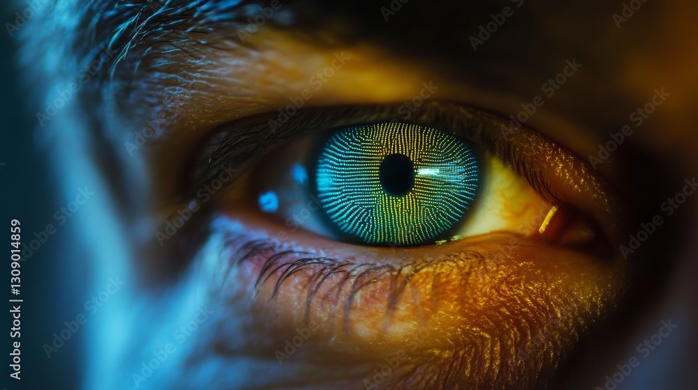 Poster a close-up of a human eye displaying intricate futuristic digital enhancements, glowing with tech vi