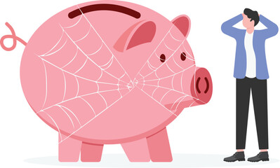 A businessman with hands shaking a piggy bank. Fall hanging spider.
