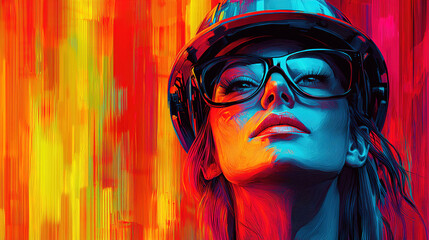 Fototapeta premium Strong woman in safety gear exudes confidence against vibrant abstract backdrop during construction project. Generative AI