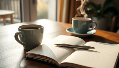 Workspace with Coffee and Notebook with Pen Next to the Window in the Morning