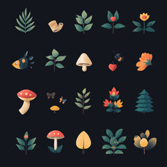 Vector Illustration of Botanical and Natural Elements on Black Background.