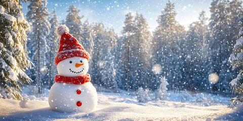 Obraz premium Snowman in Joyful Winter Wonderland with Snow-Covered Trees for Holiday Backgrounds or Seasonal Art