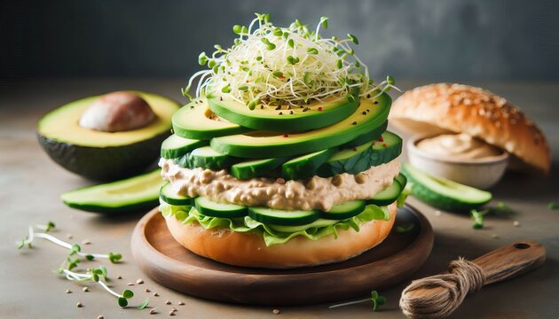 Avocado and Hummus Burger Creamy avocado hummus sprouts and cucu