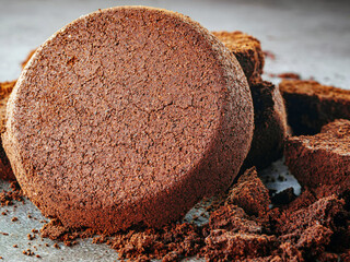 Close-up of coffee grounds from espresso machine. coffee ground on gray background