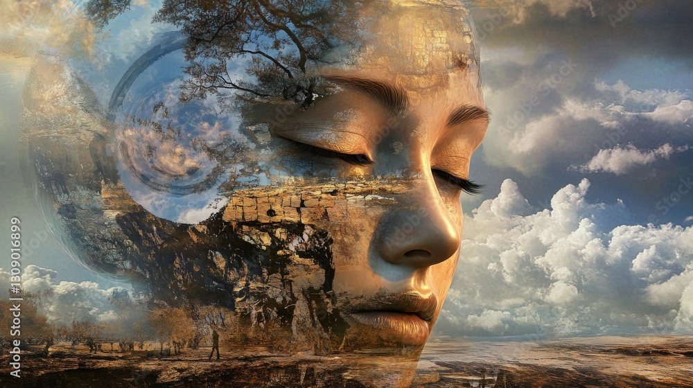 Poster a serene image where a woman's face is seamlessly blended with elements of nature. the landscape and