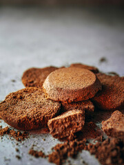 Close-up of coffee grounds from espresso machine. coffee ground on gray background