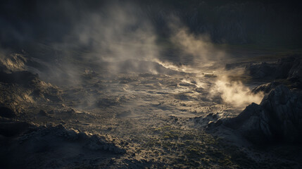 Fototapeta premium Steaming geothermal landscape with rugged terrain