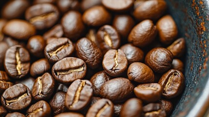 Naklejka premium Close-Up, Aromatic Roasted Coffee Beans Fill Frame, Perfect for Coffee Ad or Drink Recipe Background