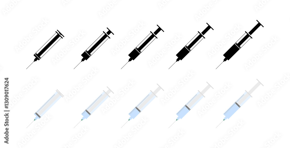 Poster medical syringe icons set in flat and linear styles – vector image.