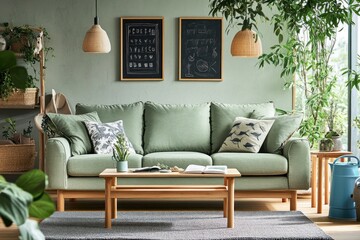 Modern, cozy living room with sage green sofa, wooden accents, and plants.