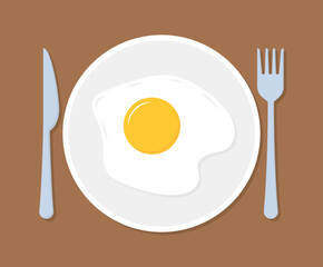 Flat style breakfast icons set: fried egg on plate with cutlery vector.
