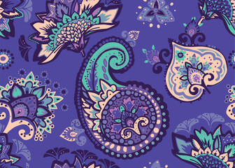 Seamless paisley pattern in Oriental style with floral and ethnic motifs for printed fabric, wallpaper, and packaging