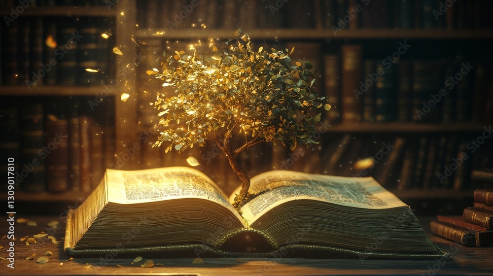 Poster a glowing golden tree rises from the center of an open book in a quiet library. the warm light radia