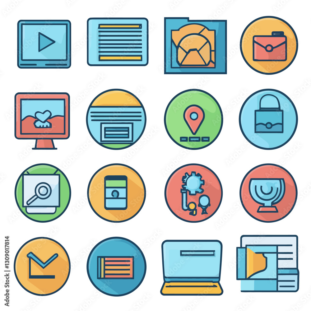 Poster colorful vector icon set depicting various communication and tech elements