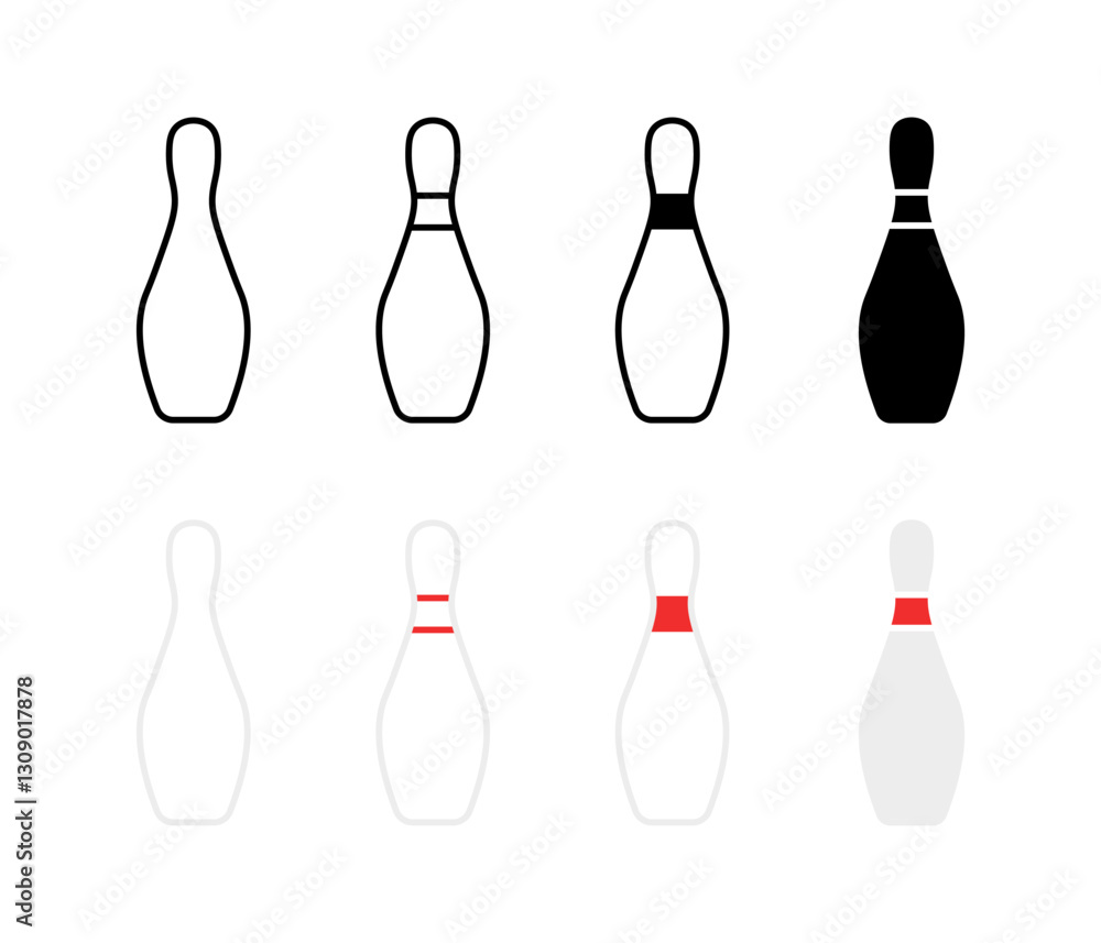 Poster bowling pin icons set in flat linear style – minimalist vector design.