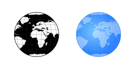 Flat icons set of two globe designs: black and white linear style and blue filled style.