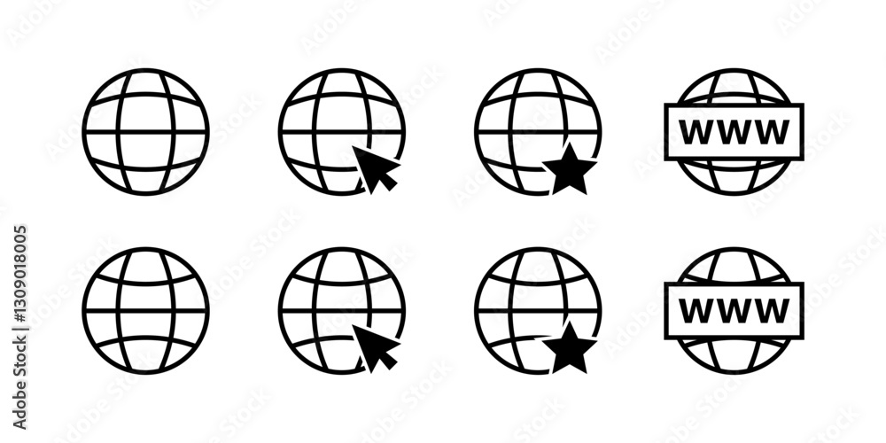 Poster Flat icons set: linear style global connection symbols with globe and cursor elements.
