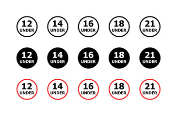 Age restriction flat icons set: 12, 14, 16, 18, 21 under linear vector design.
