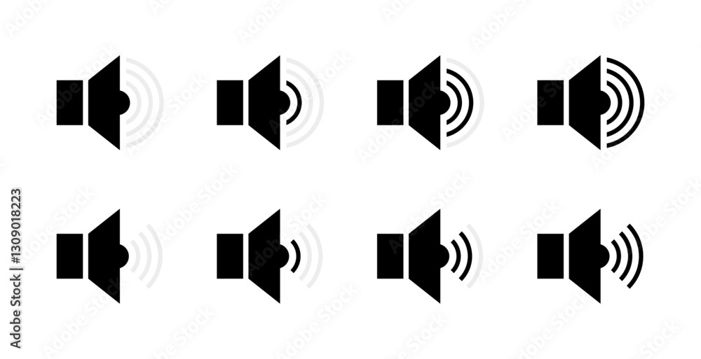 Poster flat volume control icons set in linear style - speaker sound vector elements.