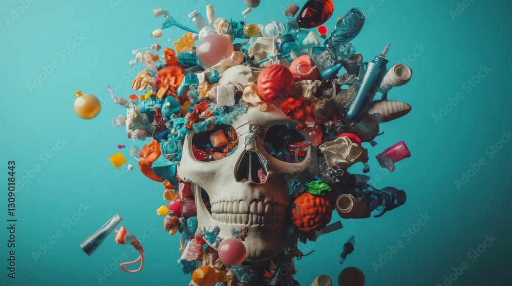 Poster a futuristic 3d skull with a vibrant array of floating objects surrounding it. this bold and colorfu