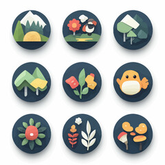 Paper-cut style nature icons, mountains, trees, flowers, birds, mushrooms, plants