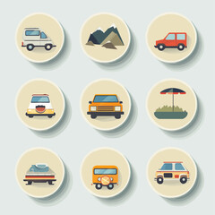 Colorful Transport Icons: Cars, Camper, Mountains, and Nature Symbols