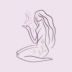 Pretty girl practicing Kundalini yoga flat doodle cartoon illustration. Young woman doing asana, stretching exercise pilates princess. Female silhouette pose vector clipart