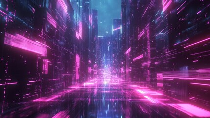 A vibrant cyberpunk cityscape featuring glowing neon skyscrapers and abstract digital lines. The bright pink and purple lights illuminate the futuristic city, creating a high-tech, dystopian vibe with