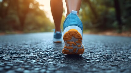 Runner feet running on road closeup.Sports background. Runner feet running closeup on shoe.