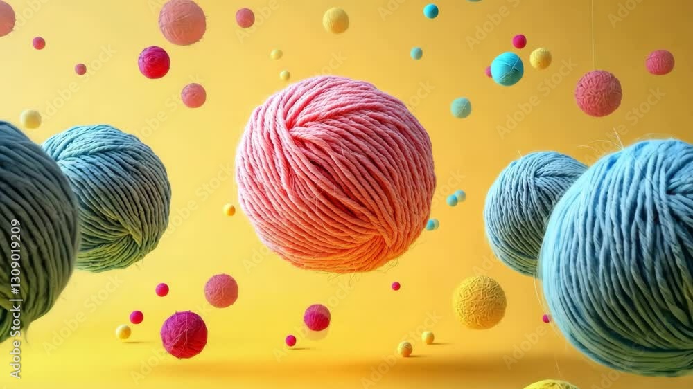 Poster bunch of colorful balls are floating in the air, with some of them being yarn. the image has a playf