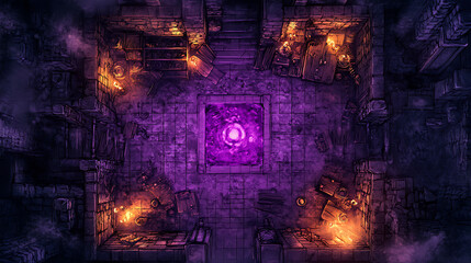 Obraz premium Dark Fantasy Battle Map: Glowing Purple Core Amidst Burning Ruins