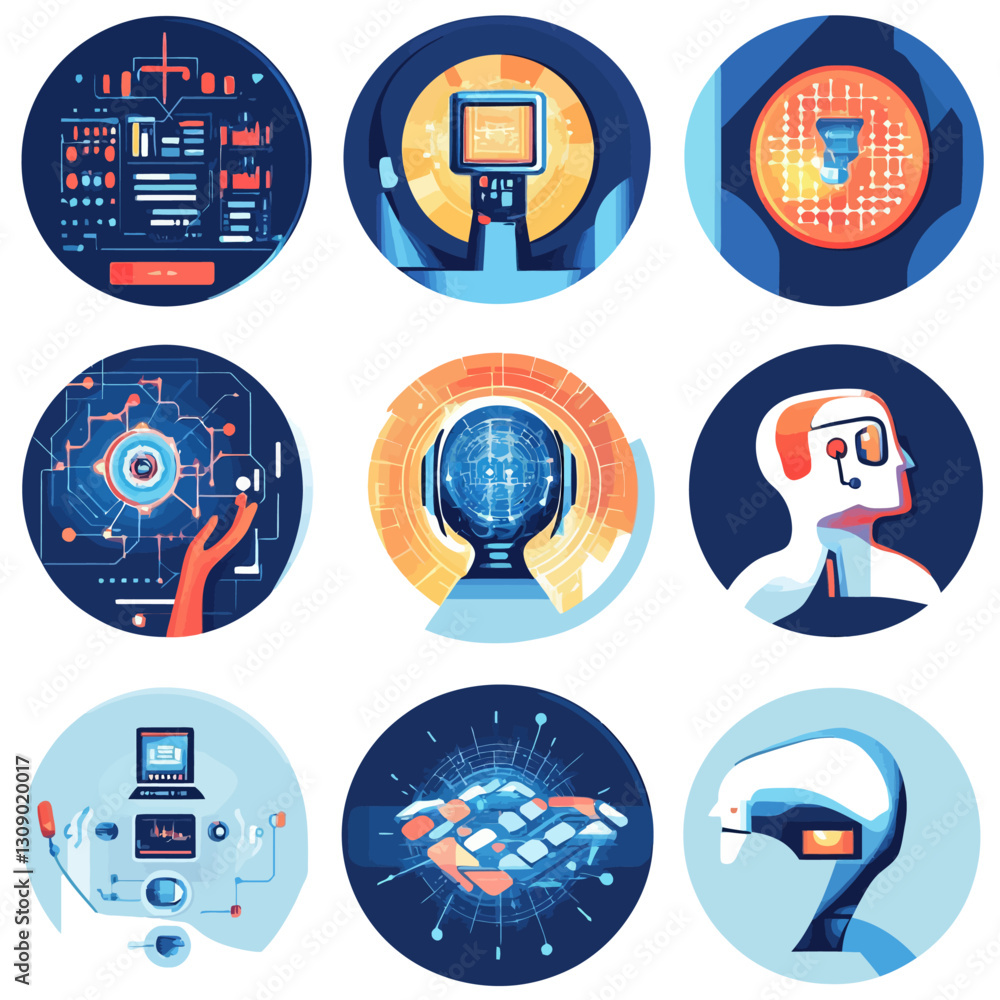 Poster digital brain interface, artificial intelligence, futuristic technology concept