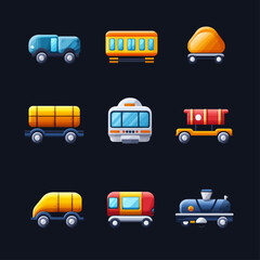 Set of Cartoon Train Carriages, Isolated on Dark Background
