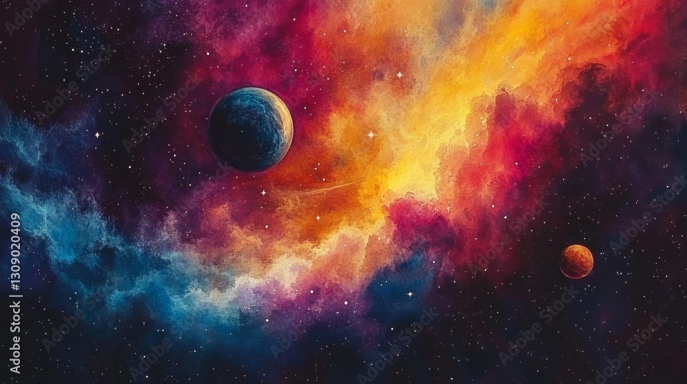 Poster stunning outer space artwork featuring planets set against a backdrop of a vivid cosmic nebula. bold