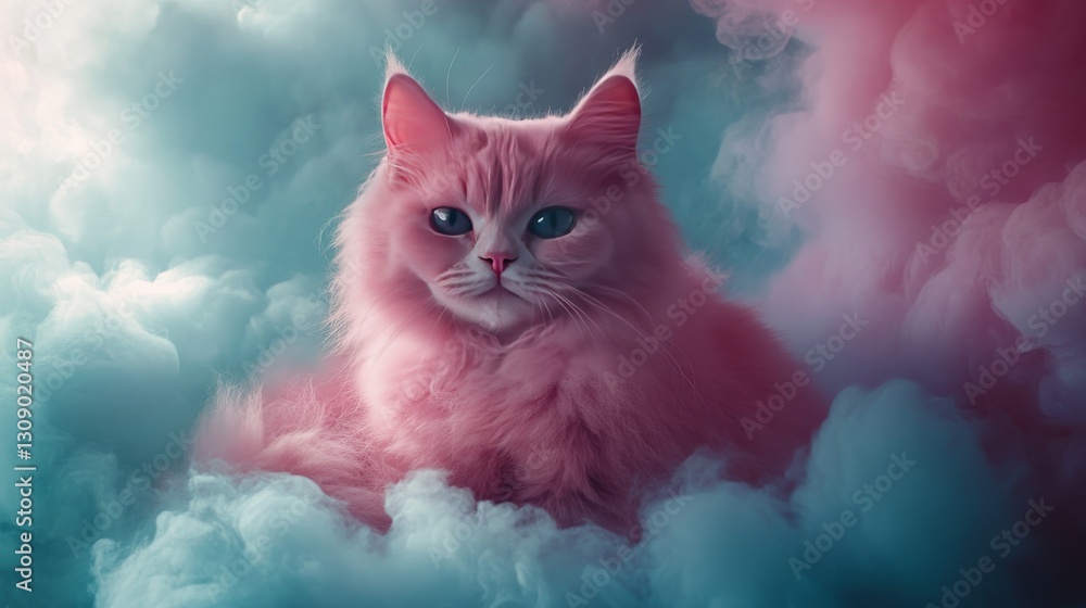 Aufkleber a fluffy cat with pastel pink and blue hues rests among soft clouds, creating a dreamy and fantasy-l