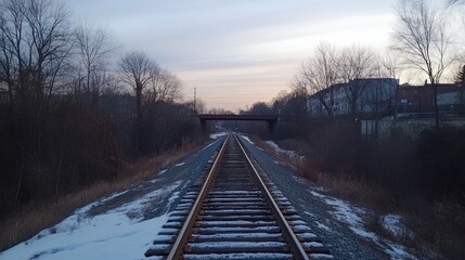 Fototapeta premium Winter Railroad Tracks Leading to the Distant Town