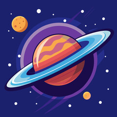Saturn with Colorful Rings and Planets Vector Illustration, Vector illustration of Saturn with colorful rings, surrounded by other planets, set against a cosmic background, representing space explorat © PixelArtBox