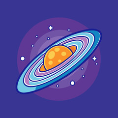 Saturn with Colorful Rings and Cosmic Background Vector Illustration, Vector illustration of Saturn with colorful rings, set against a cosmic purple background, symbolizing space exploration and the b